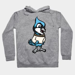 Cute Anthropomorphic Human-like Cartoon Character Blue Jay in Clothes Hoodie